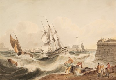 Lot 69 - Attributed to Samuel Owen (1768/9-1857). Rough Seas off Portsmouth Harbour, watercolour