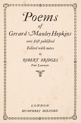 Lot 605 - Hopkins (Gerard Manley). Poems, now first published. Edited with notes by Robert Bridges