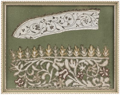 Lot 358 - Lace. A polychrome embroidered cutwork border, probably Italian, 17th century