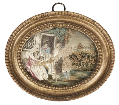 Lot 345 - Embroidered Picture. A miniature oval picture of a beggar, circa 1790