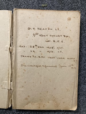 Lot 319 - Royal Flying Corps. A WWI pilots logbook -Lieutenant G.H. Heaton, RFC late Kent Cyclist Battalion