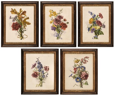 Lot 198 - De Poilly (Nicolas, after). Five Floral Bouquets with Ribbons, Paris, circa 1725