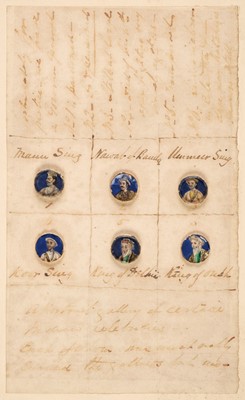 Lot 284 - Indian Mutiny. A framed display of hand-painted button miniatures of 6 Indian leaders..., c, 1860