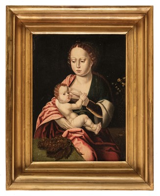 Lot 2 - Master of the Parrot (16th century). Virgin and Child with bunch of grapes, oil