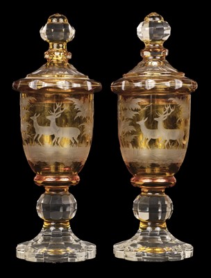 Lot 442 - Bohemian Glass. A pair of Bohemian cut glass pedestal vases and cover, 19th century