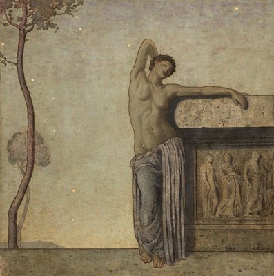 Lot 158 - French (Cecil, 1879-1953). Female figure beside a sarcophagus at dusk, 1912