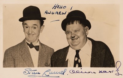 Lot 179 - Laurel (Stan, 1890-1965) & Hardy (Oliver, 1892-1957). Vintage signed and inscribed postcard, c. 1950