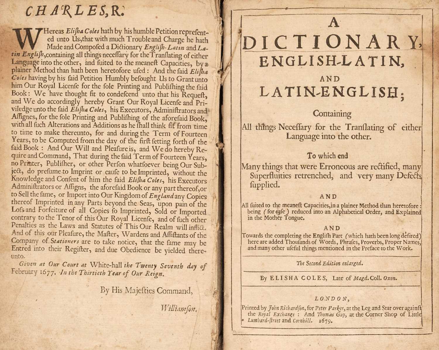 Lot 294 - Coles (Elisha). A Dictionary, English-Latin,