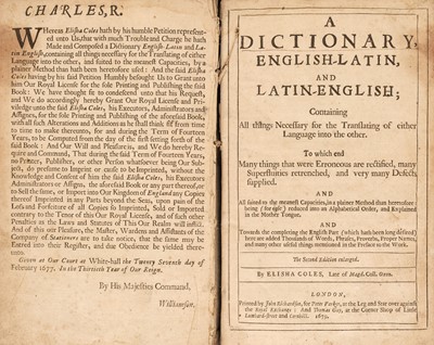 Lot 294 - Coles (Elisha). A Dictionary, English-Latin, and Latin-English; ..., 1679