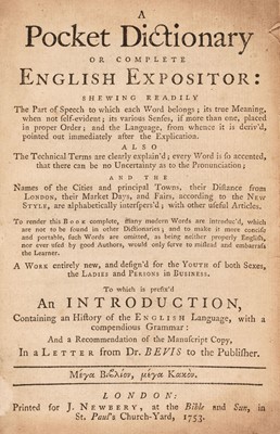 Lot 309 - Newbery (John, publisher). A Pocket Dictionary or Complete English Expositor… , 1st edition, 1753