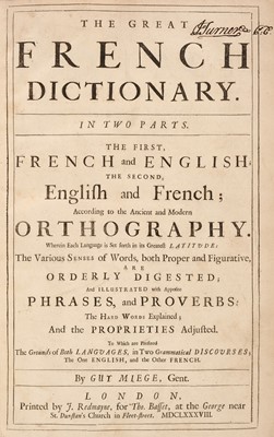 Lot 295 - Miege (Guy). The Great French Dictionary. in Two Parts... , 2 volumes, London, 1688