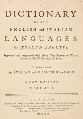 Lot 315 - Baretti (Joseph). A Dictionary of the English and Italian Languages... , 2 volumes, 1771