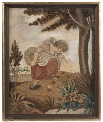 Lot 346 - Embroidered Picture. A woolwork embroidery of a child picking flowers, circa 1810, & 2 others