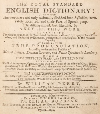 Lot 304 - Coles (Elisha). A Dictionary, English-Latin, and Latin-English..., 10th edition, London, 1722