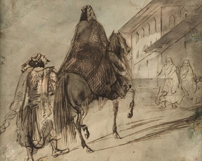 Lot 105 - Attributed to Constantin Guys (1802-1892). Turkish figure on horseback with attendant, pen and wash