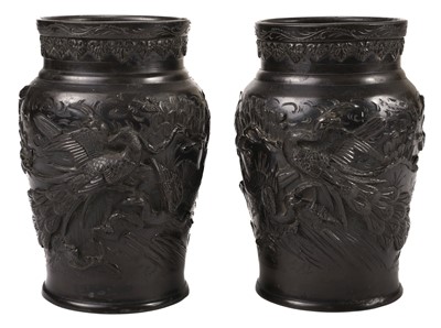 Lot 496 - Vases. A pair of Japanese bronze vases, Meiji period (1868-1912)