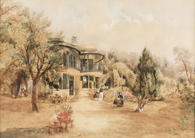 Lot 80 - English School. Prospect view of a Regency villa with figures in garden, 1830s-40s