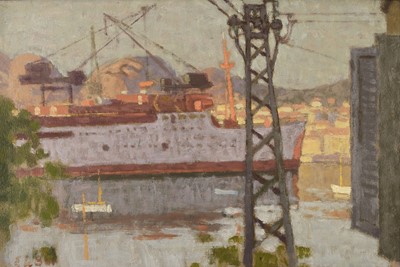 Lot 187 - Le Bas (Edward, 1904-1966). Shipyards at La Ciotat (Dawn), oil