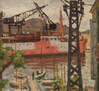 Lot 188 - Le Bas (Edward, 1904-1966). Shipyards at La Ciotat (Dusk), oil