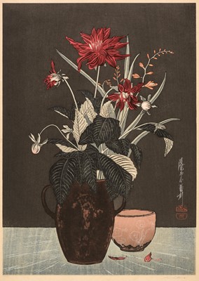 Lot 251 - Urushibara (Yoshijiro 'Mokuchu', 1889 - 1953). Dahlias in a vase, circa 1920