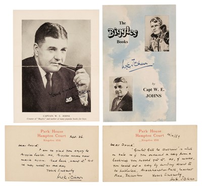 Lot 645 - Johns (William Earl, 1893-1968). Two autograph postcards, 1958-59