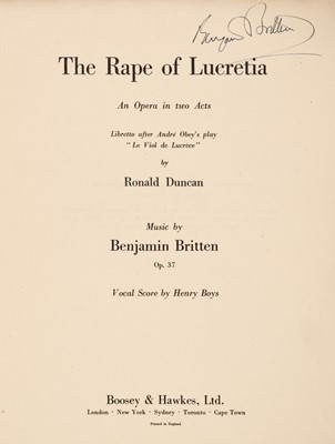 Lot 131 - Britten (Benjamin, 1913-1976), The Rape of Lucretia, signed vocal score, 1946