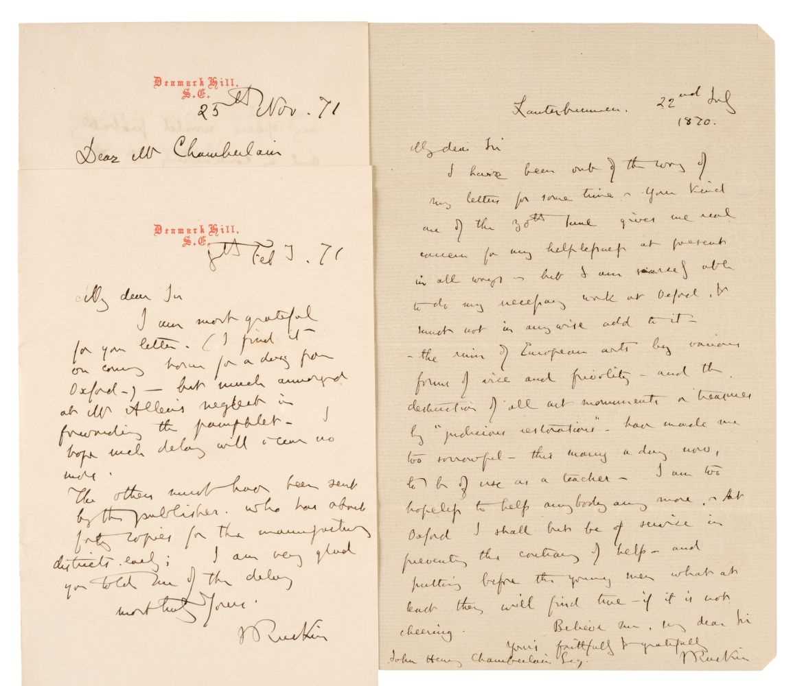 Lot 201 - Ruskin (John, 1819-1900). Three Autograph