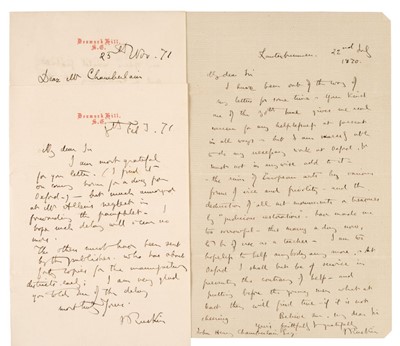 Lot 201 - Ruskin (John, 1819-1900). Three Autograph Letters Signed, 1870-71