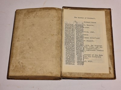 Lot 266 - Carew (Richard). The Survey of Cornwall, 1st edition, 1602