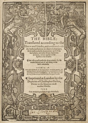 Lot 264 - Bible [English]. The Bible: Translated according to the Ebrew and Greeke, 1599