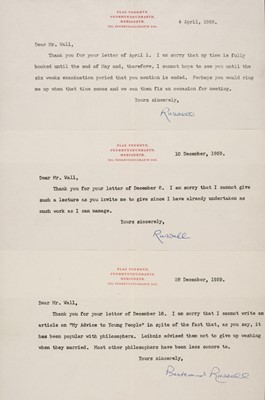 Lot 202 - Russell (Bertrand, 1872-1970). A series of 4 Typed Letters Signed, 31 March to 28 December 1959