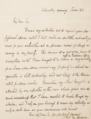 Lot 198 - Quincey (Thomas De, 1785-1859). Autograph Letter Signed, ‘Thos. De Quincey’, [?1837]