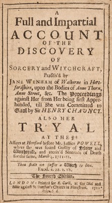 Lot 301 - Witch Trials. A Full and Impartial Account of the Discovery of Sorcery and Witchcraft ..., 1712