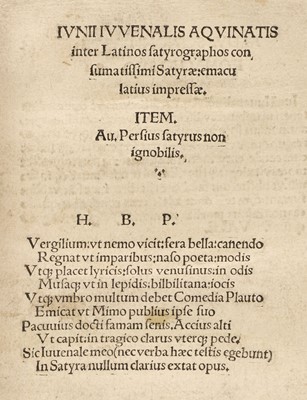 Lot 230 - Juvenalis (Decimus Junius and Aulus Persius Flaccus). Inter Latinos satyrographos, 1513