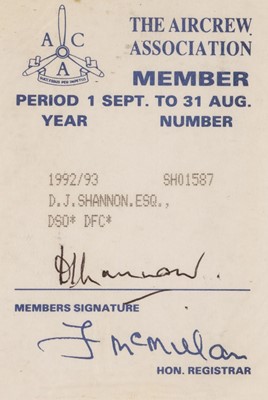 Lot 240 - Dambusters Raid. Squadron Leader David John Shannon's Aircrew Association Members Card