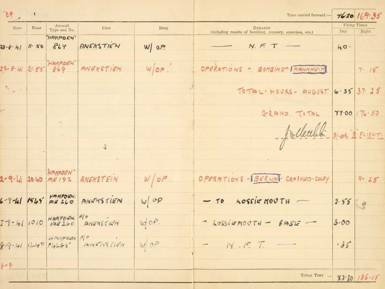 Lot 248 - Logbook. Flight Lieutenant D. Walker, 44 Squadron, Royal Air Force, 51 operations