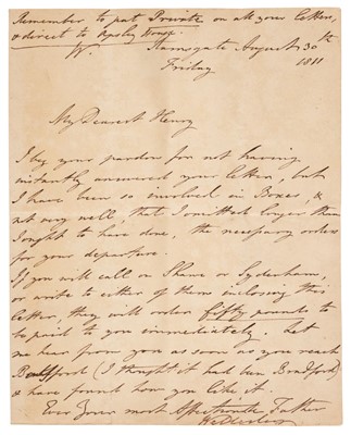 Lot 218 - Wellesley (Arthur, 1769-1852). Autograph Letter Signed, Ramsgate, 30 August 1811