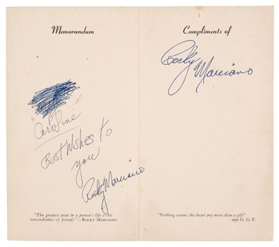 Lot 184 - Marciano (Rocky, 1923-1969). A double-signed personal compliments card c. 1960