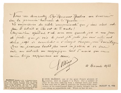 Lot 225 - Blériot (Louis, 1872-1936). Autograph Note Signed, 4 December 1933