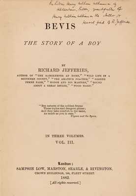 Lot 639 - Jefferies (Richard). Bevis. The Story of a Boy, 3 volumes, 1st edition, 1882