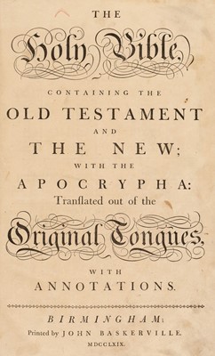 Lot 211 - Baskerville Press - Bible [English]. The Holy Bible, containing the Old Testament and the New, 1769