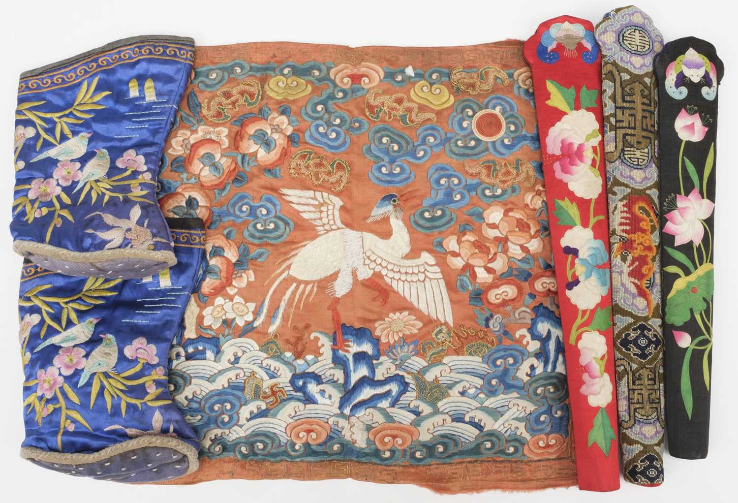Lot 522 - Chinese. An embroidered rank badge, late Qing Dynasty, & children's shoes, & 3 fan cases