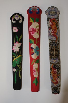 Lot 522 - Chinese. An embroidered rank badge, late Qing Dynasty, & children's shoes, & 3 fan cases