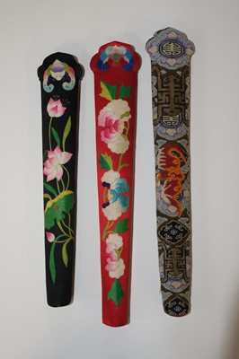 Lot 522 - Chinese. An embroidered rank badge, late Qing Dynasty, & children's shoes, & 3 fan cases