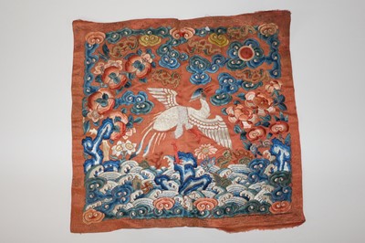 Lot 522 - Chinese. An embroidered rank badge, late Qing Dynasty, & children's shoes, & 3 fan cases