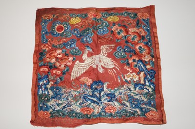 Lot 522 - Chinese. An embroidered rank badge, late Qing Dynasty, & children's shoes, & 3 fan cases