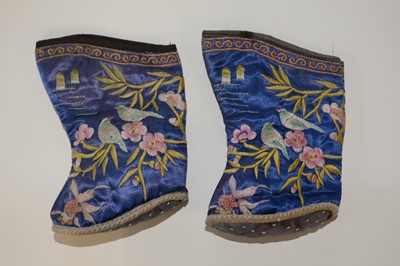 Lot 522 - Chinese. An embroidered rank badge, late Qing Dynasty, & children's shoes, & 3 fan cases