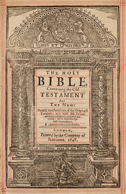 Lot 225 - Bible [English]. The Holy Bible, Containing the Old Testament, and the New..., 1648