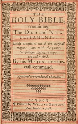 Lot 224 - Bible [English]. The Holy Bible, containing the Old Testament and New Testaments..., 1648