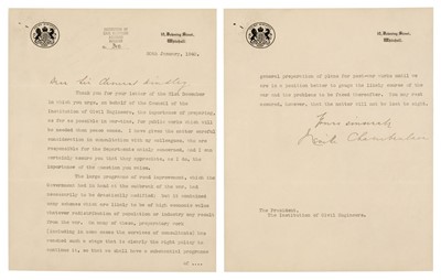 Lot 93 - Chamberlain (Arthur Neville, 1869-1940). Typed Letter Signed, 1940